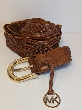 Michael Kors Brown braided Leather Belt Gold Hardware & tag 40" size M